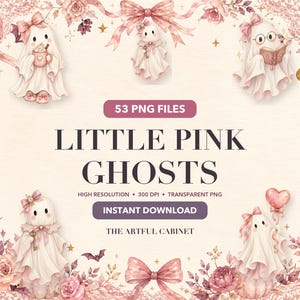 Könnte beinhalten: Eine digitale Sammlung von 53 PNG-Dateien mit dem Titel LITTLE PINK GHOSTS, die Illustrationen von Geistern mit rosa Schleifen, Kürbissen, Blumen und Bändern zeigt. Der Text umfasst 53 PNG FILES, LITTLE PINK GHOSTS, HIGH RESOLUTION, 300 DPI, TRANSPARENT PNG, INSTANT DOWNLOAD und THE ARTFUL CABINET.