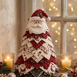 Puede incluir: Una decoración de árbol de Navidad de tela en forma de cono con una cara de Papá Noel acolchada en la parte superior. El cuerpo está construido con parches de tela triangulares superpuestos en rojo, crema y verde, decorados con motivos de Papá Noel, acebo y flores.