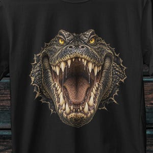 Op de afbeelding: Een zwart t-shirt met korte mouwen en een grafische print van een alligatorhoofd met een wijd open bek, met scherpe tanden en gele ogen. Het ontwerp lijkt uit een gescheurd stofeffect in het midden van de borst naar voren te komen.