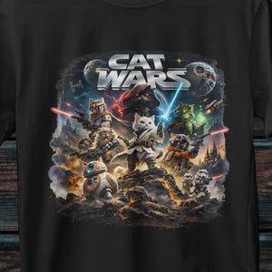 Może przedstawiać: Czarny t-shirt z krótkim rękawem z nadrukiem graficznym i napisem CAT WARS. Wzór przedstawia różne postacie kotów przebrane za kosmicznych wojowników, w tym centralnie umieszczonego kota trzymającego niebieski miecz świetlny, w otoczeniu innych kotów.