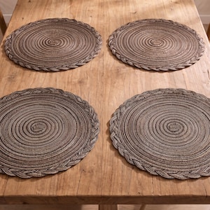 Set van 4 ronde gevlochten placemats in koffiemotief | Tafelmatten in touwstijl in 18 cm, 30 cm of 38 cm | Boho rustieke eettafeldecoratie