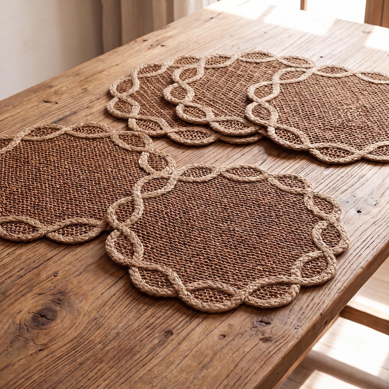May include: A set of three round placemats made of woven brown natural fiber. Each placemat features a textured, tightly woven center and a decorative border consisting of a braided, looped rope design that creates a scalloped edge effect.