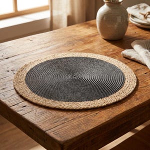Pode incluir: Um lugar americano redondo com um centro de corda cinza-carvão escuro enrolada firmemente, rodeado por uma borda larga de fibras tecidas em tom castanho-claro natural. O lugar americano tem um design circular plano com um contraste marcado entre o círculo interior escuro e a borda exterior mais clara, criando uma aparência texturizada.