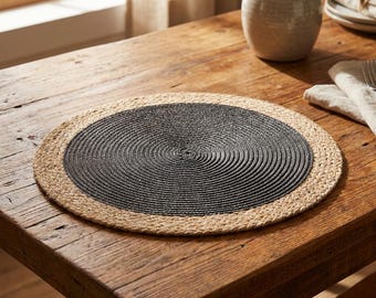 Round Rattan Edge Placemats Set of 6 or 12 | 38cm Black & Natural Table Mats | Boho Farmhouse Dining Decor