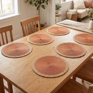 Può includere: Un set di cinque tovagliette rotonde caratterizzate da un centro color terracotta con una trama a spirale e un bordo intrecciato di tonalità naturale. Le tovagliette sono disposte su un tavolo da pranzo in legno chiaro con sedie abbinate.