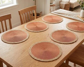 Round Orange Edge Placemats Set of 6 or 12 | 38cm Woven Table Mats | Boho Farmhouse Dining Decor