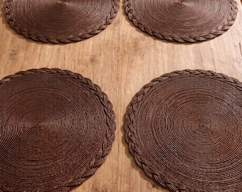 Round Coffee Braided Placemats Set of 4 | Rope Style Table Mats in 18cm, 30cm or 38cm | Boho Rustic Dining Decor