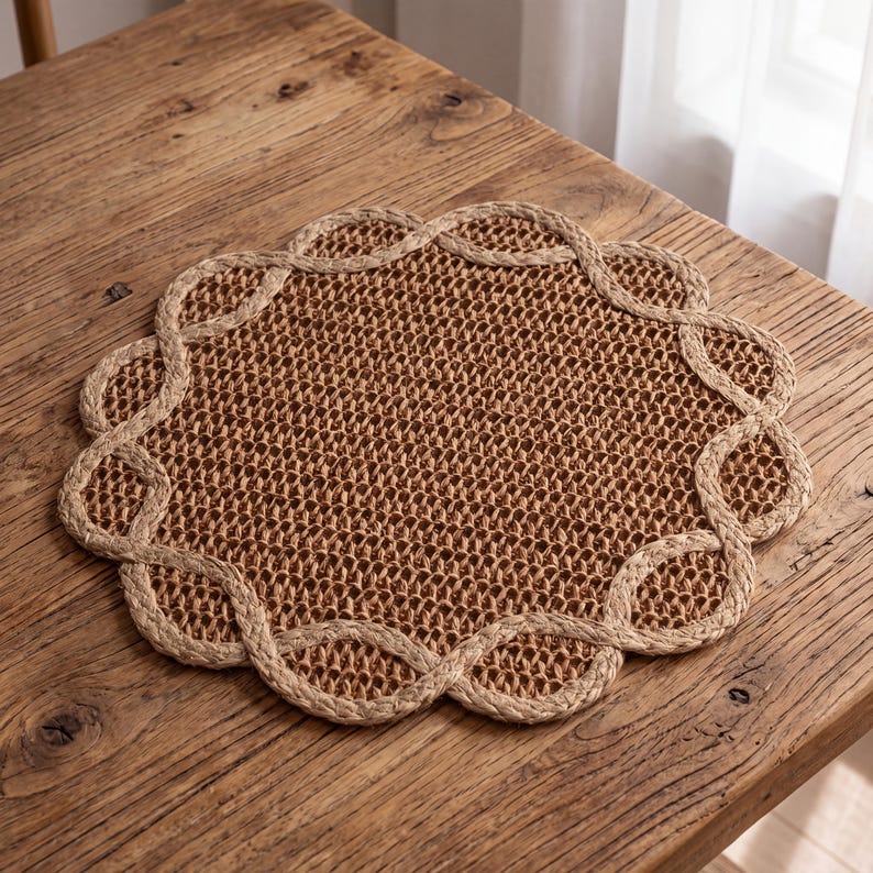 May include: A round, woven placemat made of natural tan fibers. The center features a tight, grid-like weave pattern, while the outer edge is finished with a decorative, braided border that creates a scalloped, circular frame around the mat.