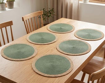 Round Rattan Edge Placemats Set of 6 or 12 | 38cm Light Green & Natural Table Mats | Boho Farmhouse Dining Decor