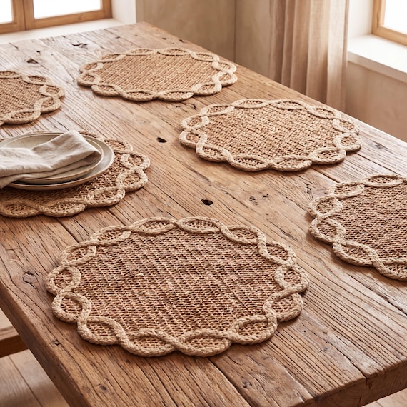 Scalloped Woven Placemats Set of 2 4 6 | Round Rattan Look Table Mats 38cm | Boho Brown Flower Edge Dining Placemats | Farmhouse Decor