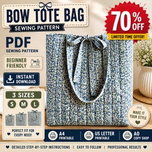 Może przedstawiać: Pikowana torba typu tote w niebiesko-biały wzór kwiatowy z wiązanym uchwytem. Obraz zawiera tekst: BOW TOTE BAG SEWING PATTERN, PDF SEWING PATTERN, BEGINNER FRIENDLY, INSTANT DOWNLOAD, 3 SIZES S M L, A4 PRINTABLE, US LETTER PRINTABLE, A0 COPY SHOP.