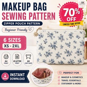 Può includere: Un cartamodello digitale per una trousse con cerniera e stampa floreale blu su sfondo color crema. L'immagine include testo che indica 6 taglie dalla XS alla 2XL, opzioni di stampa A4, US Letter e A0, e la possibilità di download immediato.