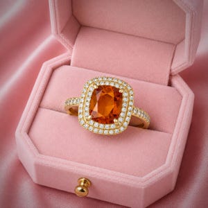 Sterling Silver Orange Garnet Ring, Cushion Cut Garnet Halo Ring, Orange Garnet Statement Ring, Vintage Inspired Cocktail Ring, Gift for Her