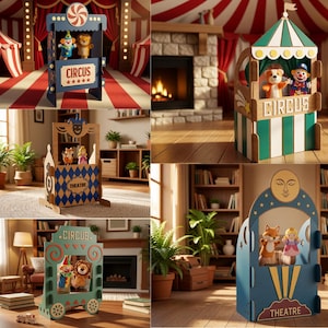 Könnte beinhalten: Eine Sammlung von fünf verschiedenen Handpuppentheater-Designs mit Zirkus- und Theatermotiven. Jede Struktur enthält Ausschnitte für Handpuppen, dekorative Paneele mit Texten wie CIRCUS oder THEATRE sowie verschiedene Farbschemata in Blau, Grün und Holztönen.