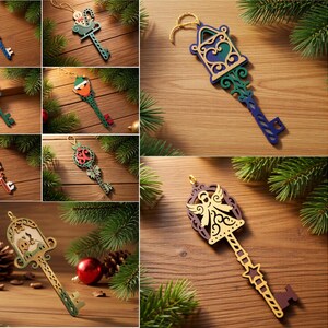 Op de afbeelding: Een collectie van tien decoratieve sleutelvormige ornamenten met diverse vakantiethema's, waaronder rendieren, elfen, engelen en lantaarns. Elk ornament is voorzien van ingewikkelde uitsparingen en levendige kleuren, ontworpen om op te hangen.