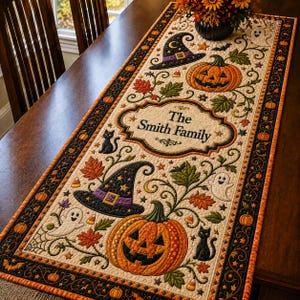 Puede incluir: Un camino de mesa acolchado rectangular con un centro color crema y motivos de Halloween que incluyen calabazas naranjas, gatos negros, sombreros de bruja morados, fantasmas y hojas de otoño. El texto The Smith Family está centrado.