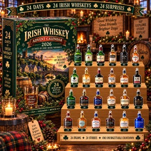 Op de afbeelding: De Irish Whiskey Adventskalender 2026 bevat een grote doos met een landschapsillustratie en 24 genummerde miniatuur whiskyflesjes op een houten standaard met vier niveaus. De doos bevat teksten zoals 24 Days of Irish Whiskeys en 24 Surprises.
