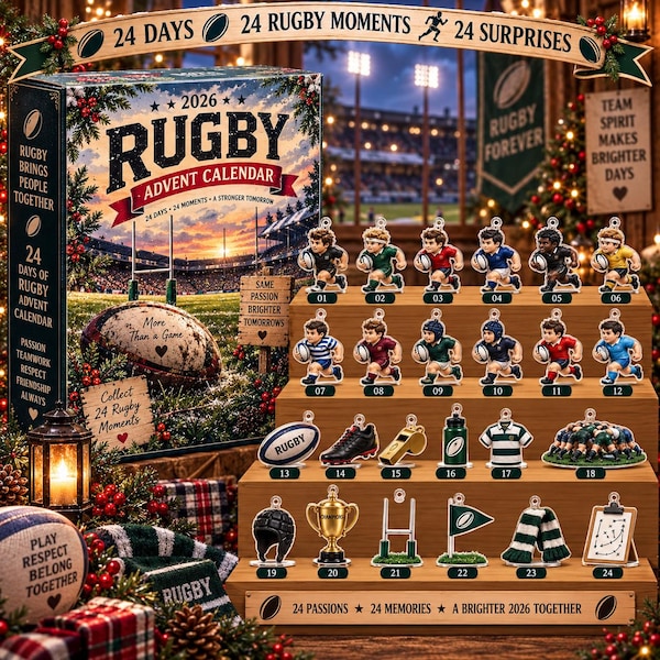 24 Days of Rugby Advent Calendar, Acrylic Rugby Player and Gear Ornaments, Sports Christmas Countdown Gift for Rugby Fans and Players