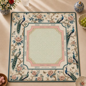 May include: A square mahjong mat featuring a cream background with a pattern of blue peacocks, pink peonies, and butterflies. The centre has a light green square bordered by a pink frame with text instructions including Charleston 1 and 2.