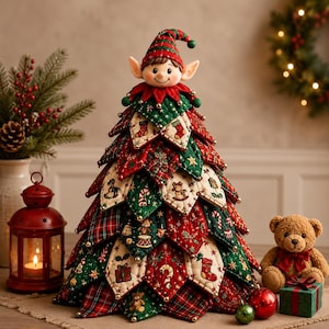 Peut inclure: Un ornement de sapin de Noël en tissu décoratif avec un design matelassé composé de panneaux rouges, verts et crème. Le sapin est surmonté d'une figurine d'elfe souriante portant un chapeau rayé assorti. Les panneaux présentent des motifs festifs.