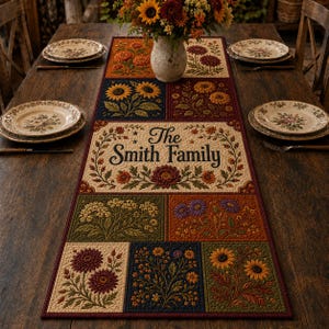 May include: A rectangular quilted table runner featuring a patchwork design of various floral patterns in autumn colours, including sunflowers, daisies, and dahlias. The centre panel displays the text The Smith Family surrounded by a leafy vine border.