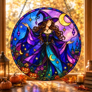 Celestial Witch Stained Glass Suncatcher, Magic Moon and Stars Window Hanging, Purple Gothic Witchcraft Decor, Halloween Gift