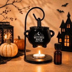 Witches Brew Cauldron Oil Burner, Black Ceramic Wax Warmer, Gothic Tealight Candle Holder, Halloween Witch Kitchen Home Decor Gift
