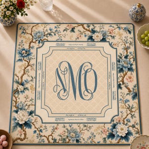 May include: A square Mahjong mat featuring a cream-colored center with a large blue monogram of the letters MO. The border displays a floral pattern of blue and white peonies with green leaves. Text includes Charleston 1, Charleston 2, and play directions.