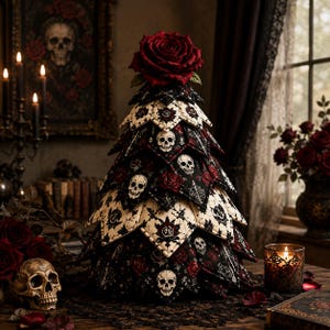 May include: A decorative fabric tree featuring a layered, quilted design with a repeating pattern of white skulls and deep red roses on a black background. The tree is topped with a single large, dark red rose and has a conical shape.