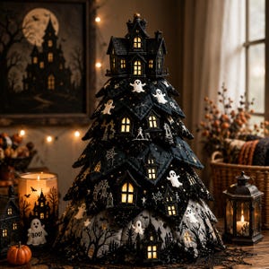May include: A decorative tree-shaped structure featuring a black and grey quilted fabric exterior adorned with white ghost motifs, spider webs, and illuminated windows. The top is crowned with a small black house, and the entire piece glows.