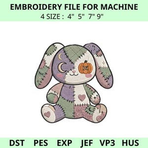 Patchwork Halloween Bunny Embroidery Design, Spooky Stitched Rabbit Machine Pattern, Cute Gothic Bunny File, Pumpkin Bunny Patch