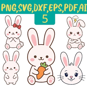 May include: A digital graphic set featuring five white rabbit illustrations with pink ears and paws. One rabbit holds an orange carrot, one wears a red bow, one appears angry with a lightning cloud, one is a simple standing figure, and one is a face.