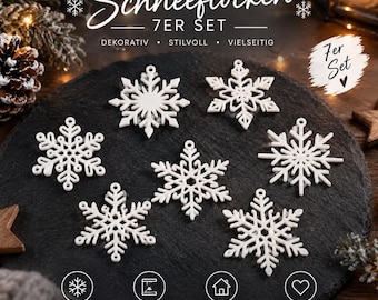 Set van 7 sneeuwvlokornamenten – Kerstdecoratie om op te hangen | Kerstboomversiering | 3D-geprint