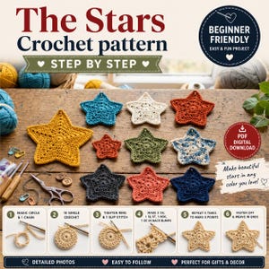 May include: A crochet pattern guide titled The Stars Crochet pattern, featuring step-by-step instructions and photos. The image displays various handmade star-shaped crochet motifs in colours like yellow, blue, white, orange, green, and dark grey.