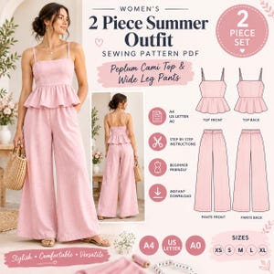 May include: A 2-piece summer outfit sewing pattern PDF featuring a peplum cami top and wide-leg pants. The graphic displays technical sketches of the top and pants, size options from XS to XL, and icons for A4, US Letter, and A0 paper formats.