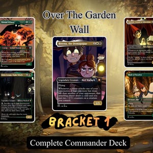 May include: A collection of five Over The Garden Wall themed trading cards featuring illustrations of characters like Breena, the Demagogue, Eternal Witness, Baba Lysaga, Night Witch, Kambal, Consul of Allocation, and Birds of Paradise in a deck.
