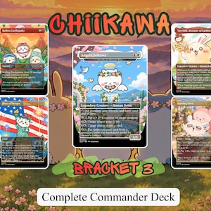 May include: A collection of five custom trading cards featuring cartoon characters, including Angel Chiikawa, Rolling Earthquake, and Varchild, Betrayer of Kjeldor. The cards display colorful illustrations, game text, and symbols. The text CHIIKAWA BRACKET 3 is visible, along with labels for 100+ Premium Proxy and a promotional offer.