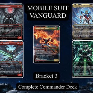 May include: A collection of five trading cards titled Mobile Suit Vanguard Bracket 3 Complete Commander Deck. The cards feature illustrations of robotic dragon creatures in red, green, and blue color schemes with detailed text and game statistics.