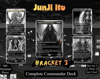 May include: A collection of five black and white trading cards featuring Junji Ito style illustrations, including Athreos, God of Passage, Athreos, Shroud-Veiled, Ayara, First of Locthwain, Ratadrabik of Urborg, and Braids, Arisen Nightmare, labeled as Bracket 3.
