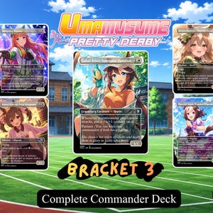May include: A collection of five Umamusume Pretty Derby themed trading cards featuring anime-style characters. The central card is titled Tokai Teio's Summane Familiar, surrounded by four other cards, all displayed against a school track background.