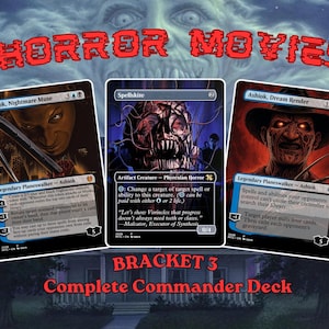 May include: Three trading cards featuring horror-themed artwork. The left card is Ashiok, Nightmare Muse, the center is Spellskite, and the right is Ashiok, Dream Render. Text includes HORROR MOVIES, BRACKET 3, Complete Commander Deck, 100+ Premium Proxy.