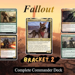 May include: A collection of five Fallout themed trading cards including Dogmeat, Ever Loyal, Super Mutant Scavenger, Three Dog, Galaxy News DJ, Armory Paladin, and Bighorner Rancher. The cards are displayed against a wasteland background with text.