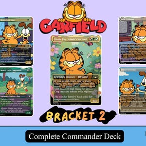 May include: A collection of five Garfield-themed trading cards featuring various characters in colorful illustrations. The cards include titles like Jinnie Fay, Jetmir's Second, and Mown, Loyal Companion, with text detailing game abilities.