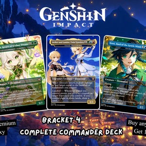May include: Three rectangular trading cards featuring Genshin Impact characters Nahida, Aether, Lumine, and Venti. The cards display detailed character illustrations, game text, and mana symbols. The text reads Genshin Impact, Bracket 4, Complete Commander Deck, 100+ Premium Proxy, and Buy any 3 Decks Get 1 Free.