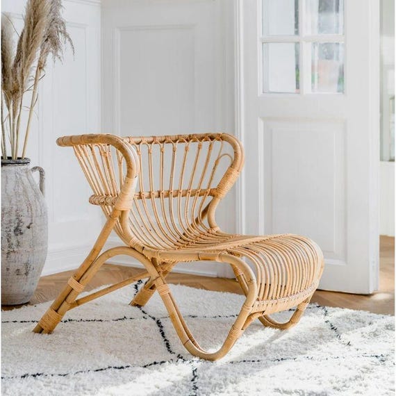 Handmade Rattan Lounge Chair, Natural Cane Armchair, Boho Tropical Accent Furniture