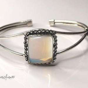 Sterling Silver Opal Cuff Bangle, Rectangular Gemstone, Boho Statement Jewelry