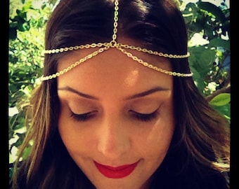 Thin Gold Double Strand Head Chain, Boho hair, Coachella, hipster, hippy, Gold or Silver Adj Headchain