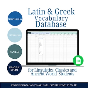 Latin & Greek Vocabulary Google Sheets | Classics Study Spreadsheet | Ancient Greek Vocab Tracker | Editable Word Database Template