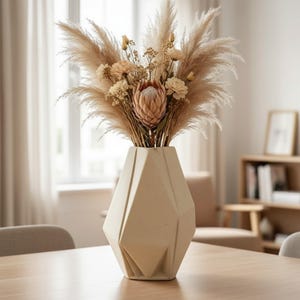 Geometric Matte Cream Ceramic Vase, Modern Origami Sculptural Decor, Nordic Centerpiece