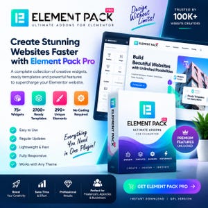 Peut inclure: Un graphique promotionnel pour Element Pack Pro présentant une boîte de logiciel avec un design dégradé bleu et violet. Le texte indique Create Stunning Websites Faster with Element Pack Pro, 75+ Widgets, 2700+ Ready Templates et 290+ Unique Elements.